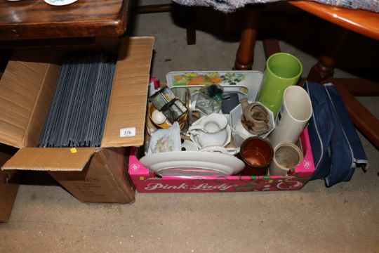 A box of miscellaneous china and glass and a quant