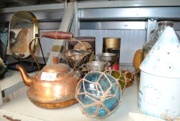 A copper kettle; various plated trophies; an Edwar