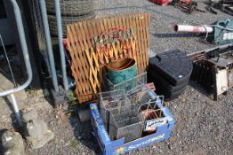 A quantity of metal wire baskets, four milk bottle
