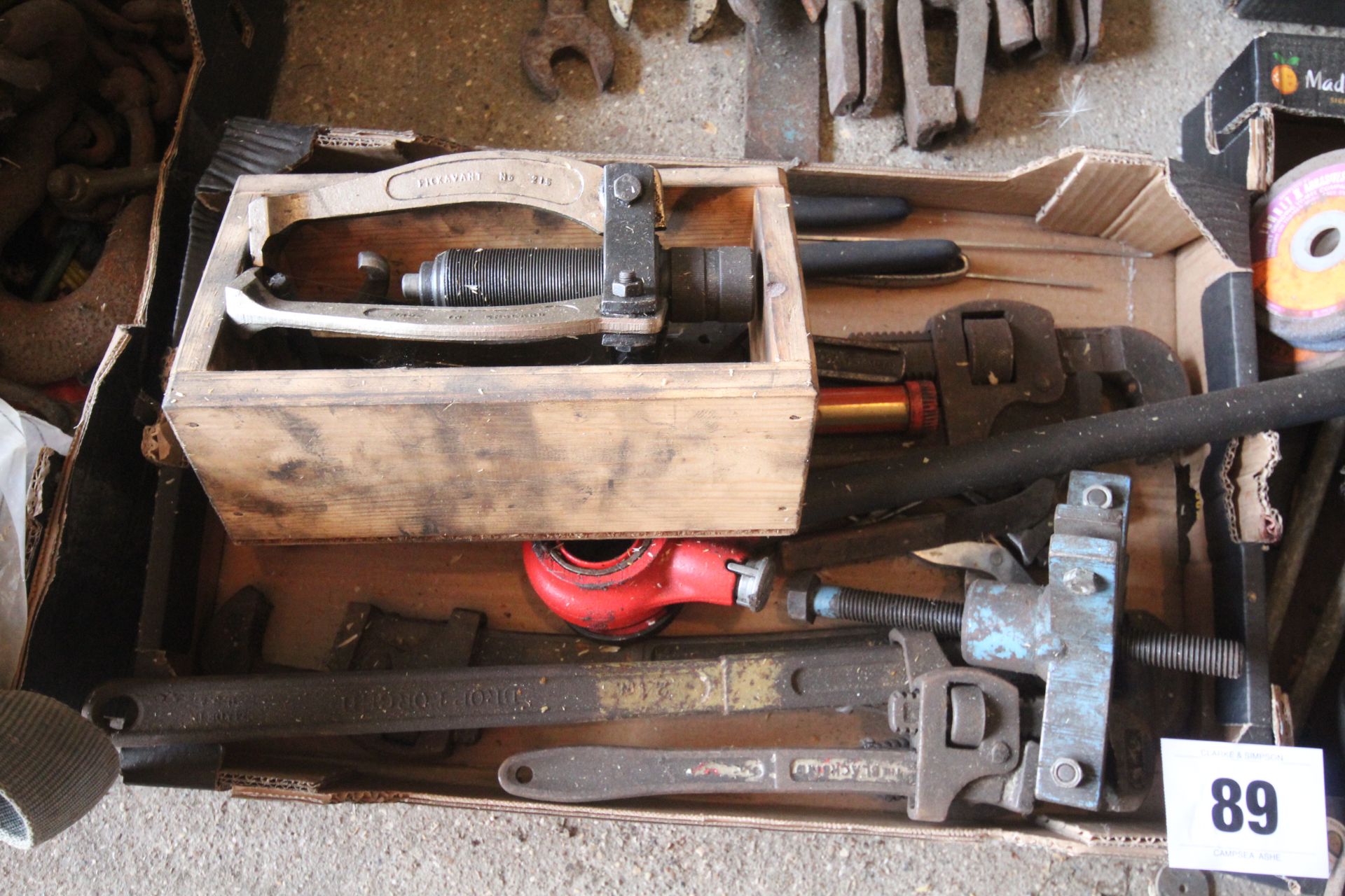 Various hand tools including hub puller, pipe threader, Stilsons, wooden mallet, camping Gaz - Image 2 of 3