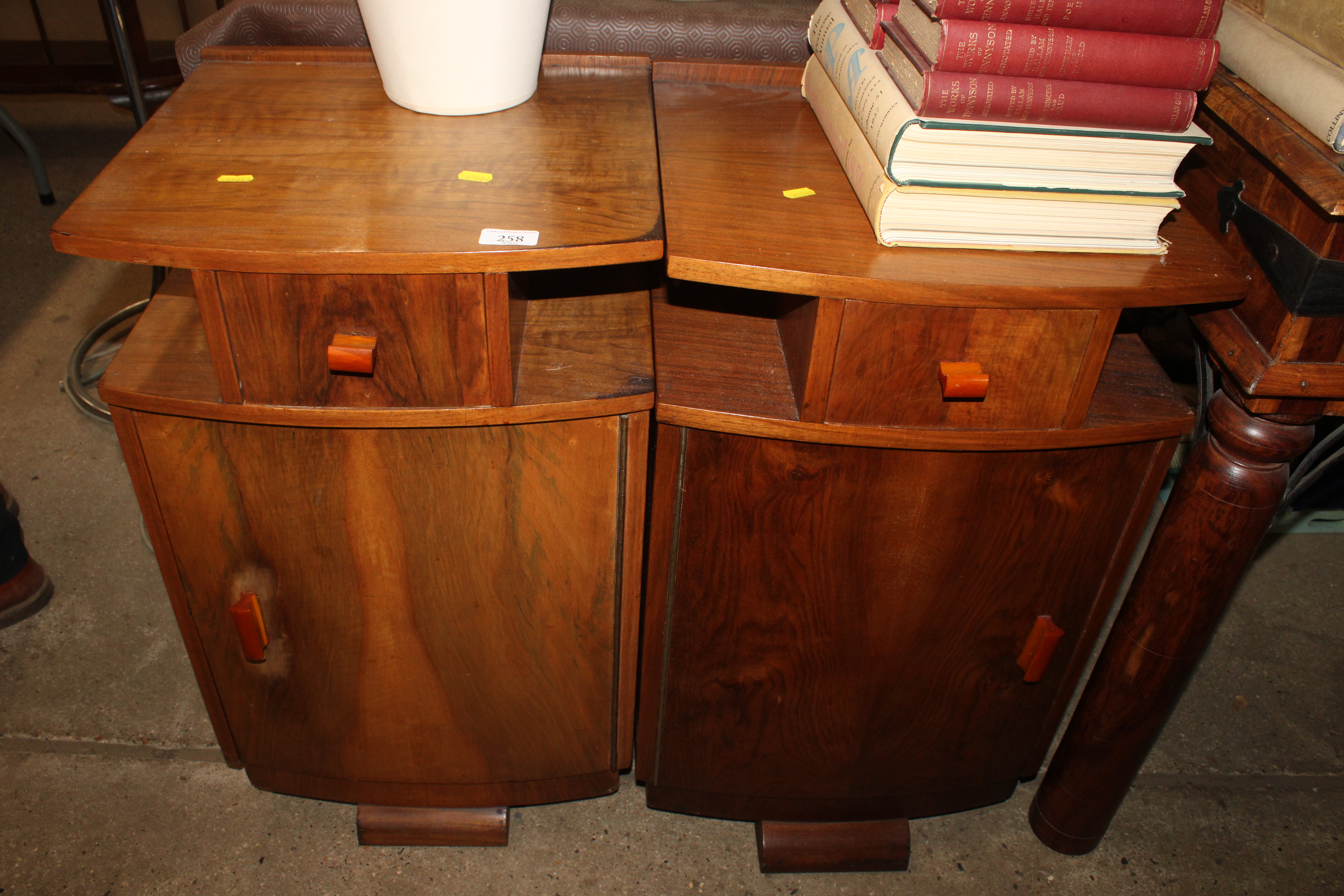 A near pair of Duros Art Deco walnut bow fronted bedside