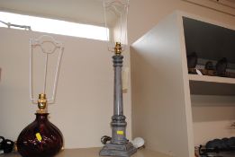A grey painted table lamp with turned column, 67cm