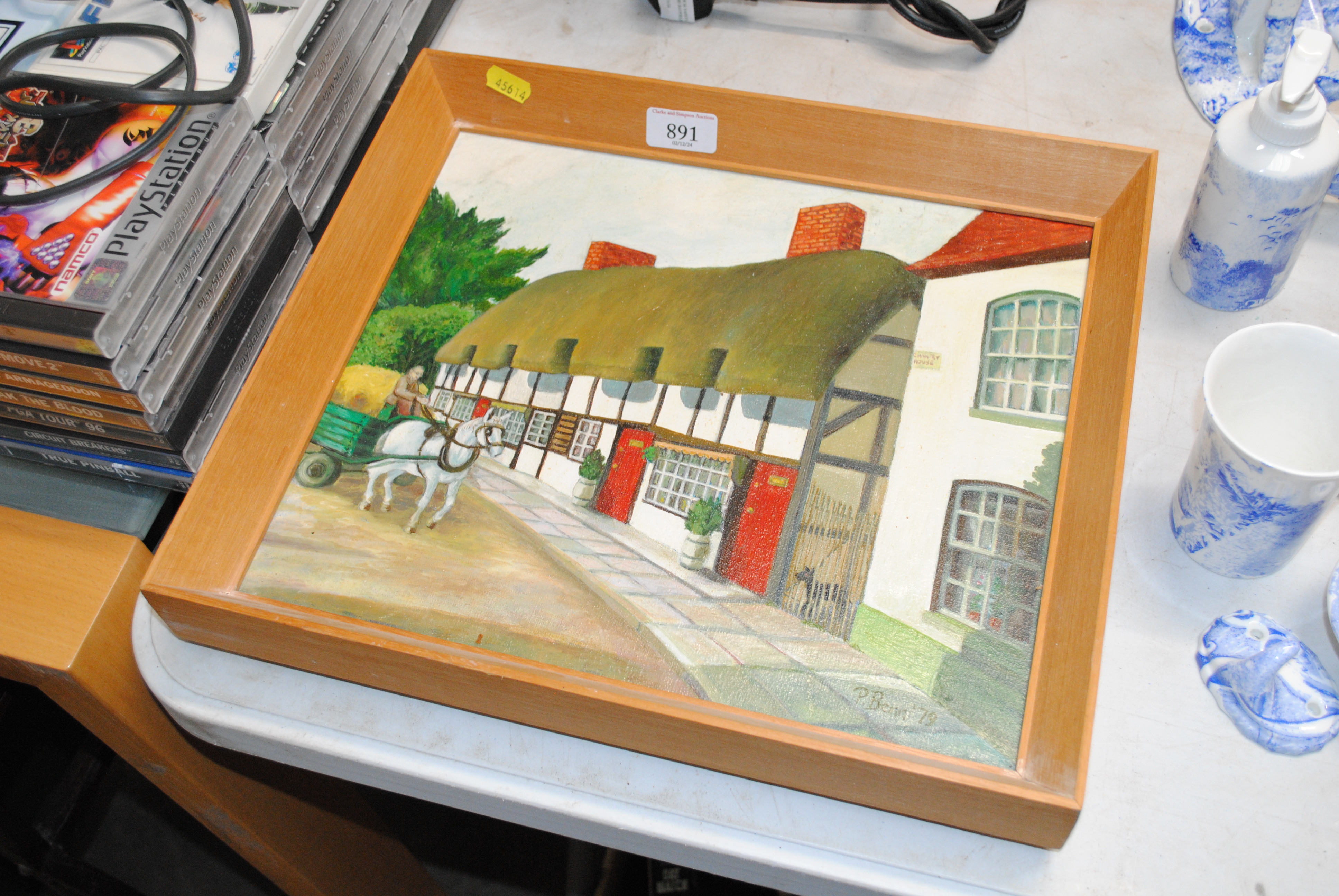 P Benn, oil on canvas, study of thatched cottage