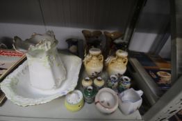 A floral decorated wash jug and bowl, a Grays pottery jug, various vases etc