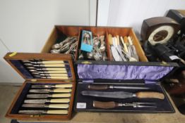 A horn handled carving set, a case of fish knives