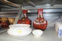 Two Belleek bowls and a pair of floral decorated v