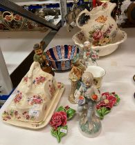 Floral patterned jug and bowl set, floral patterned cheese dish and cover, figurines,