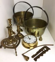 Nine items of brassware including two jam pans (27 and 25cm diameter),