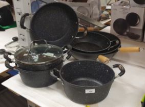 Seven mixed pans & woks - 2 x Scoville Neverstick large skillets,