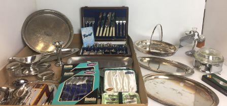 Box containing twenty plus items of plated and stainless steel ware including handled oval dish 29
