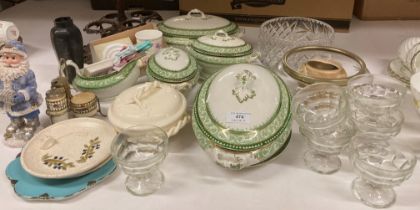 Myott & Son Corinth green patterned porcelain tureens, wood stand, glassware,