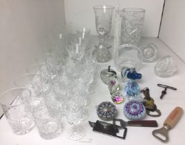 Forty plus items mainly glassware including stemmed vase 23cm high, paperweights, corkscrew,