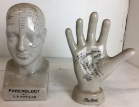 Two ceramic items - Phrenology head 27cm high by L N Fowler and Ironstone China The Hand (saleroom