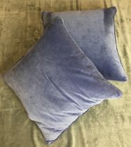 Two blue velvet cushions by Bungalow 44cm square inners with fire labels (saleroom location: Y03