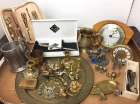 Box containing twenty five items including pewter half pint tankard, brass tankard,