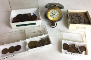 Box containing Dalvey St Elmo Clock large pocket watch and UK and foreign coins (saleroom