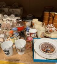 Contents to part rack - Royal commemorative mugs, West German vase, figurines,