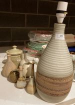 KP stoneware ribbed table lamp and a quantity of pottery vases,