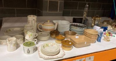 Contents to part of shelf - kitchen and other tableware including Wedgwood Wild Apple part coffee