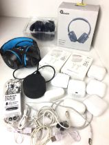 Plastic box containing thirteen items - Audial Hush blu tooth headphones (box labelled "untested