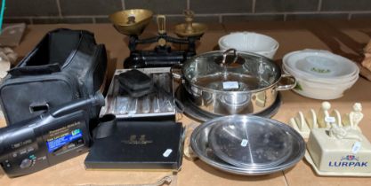 Kitchenalia including pair of metal scales and weights, Lurpak butter dish and toast rack, cutlery,