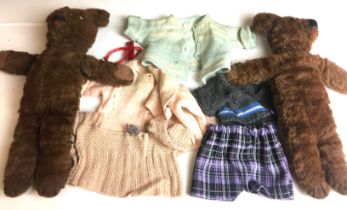 Contents to tray - two play-worn teddy bears each 40cm tall with five items of clothing (saleroom