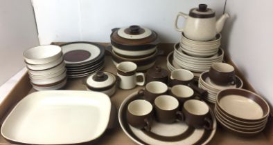 Contents to tray - fifty plus items Denby tea/dinner services including some Potters Wheel (chips