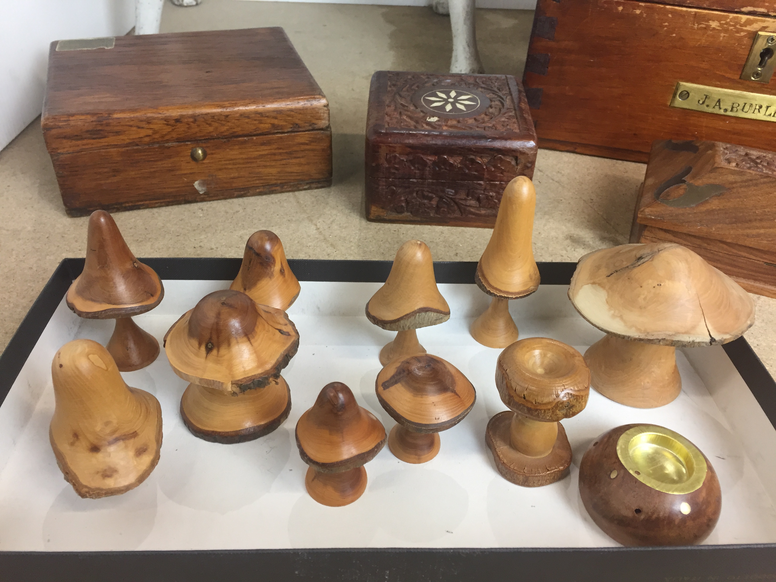 Box containing sixteen wooden items including ten toadstools made from different British trees from - Image 2 of 6