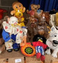 Ten items - Pooh Bear and other bear wood figures, a Jolly Golly, clown,