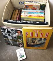 Box containing twenty plus books including cricket, children's,