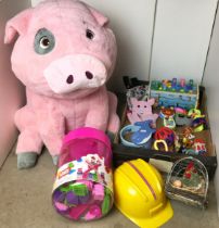 Two boxes containing toys including King Cuddly pink pig 57cm high,