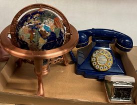 Three items - unique gemstone globe on cast metal copper-effect stand,