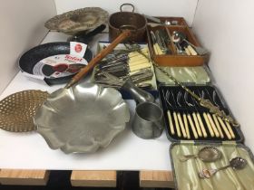 Plastic box containing cutlery, pewter, silver plate,