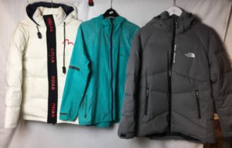 Three previously worn ladies jackets (estimate size 12)- white evisu puffer jacket,