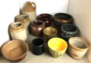 Twelve items including stoneware (two jars cracked to bases), copper,