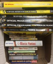 Box containing fifteen items relating to cycling including Tour De France official programmes and