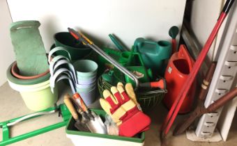 Two boxes containing forty garden items including eight plastic and six wire hanging baskets,