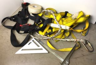Box containing two safety harnesses (as seen not tested) etc (saleroom location: W03 floor)