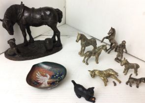 Box containing ten metal ware items including bronze-effect dray horse (16cm high),