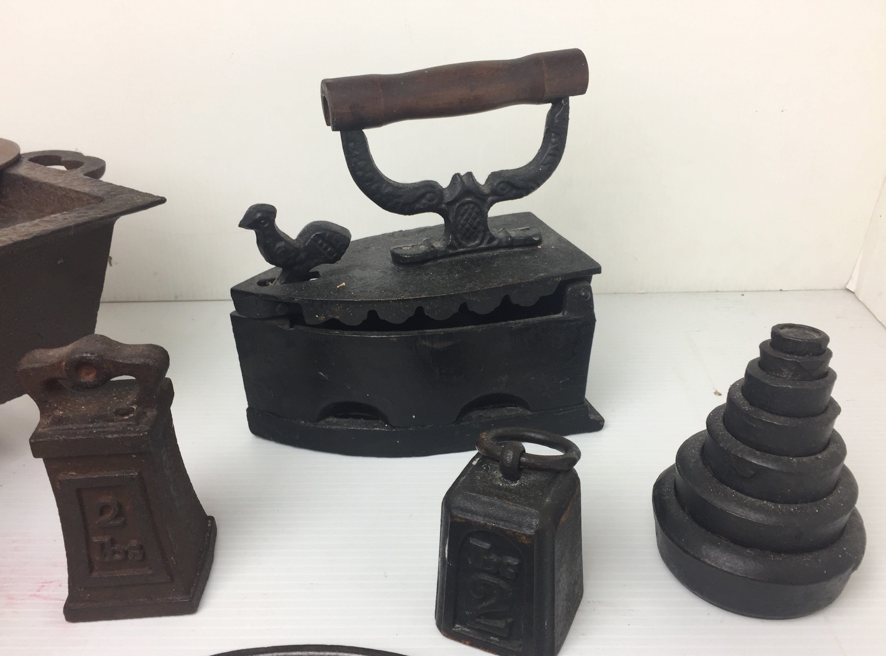 Box containing seven cast iron items including miniature stove 21x26x13cm high, - Image 3 of 10