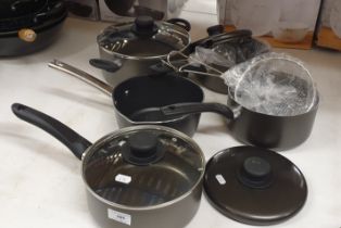 Five grey non-stick pans, 1 x large & deep skillet with lid, 1 x deep pan with lid, 1 x pouring pan,