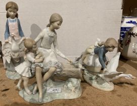 An unboxed Lladro figure group of a mother and child feeding birds (one lacking a wing) and two