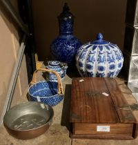 Large blue pottery jug with handle, blue oriental patterned vase with cover, small wood box,