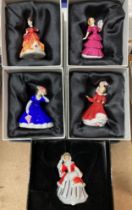 Five Royal Doulton miniature ladies figurines (boxed) including ref: M222, M251, M250,