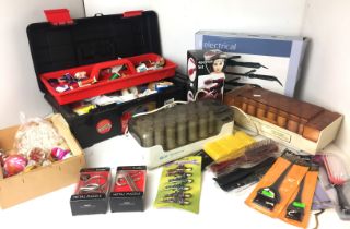 Box containing fifteen plus items including plastic work box containing sewing materials,