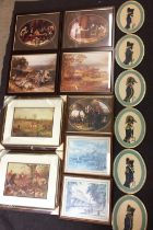 Blue plastic box containing fifteen framed prints including a pair of hunting scenes 40 x 32cm,