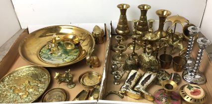 Box containing thirty plus pieces of metalware mainly brass including pair of plated boot shaped