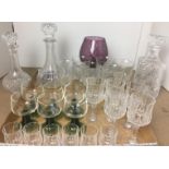 Contents to tray twenty seven pieces of glassware including three decanters,