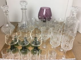 Contents to tray twenty seven pieces of glassware including three decanters,