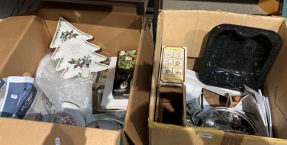 Contents to two boxes - assorted kitchenalia, plates including Christmas tree plate, dishes,